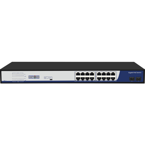 Switch PoE de 16 puertos + 2 uplink SFP. 10/1000 Mbps Gigabit. 802.11af/at