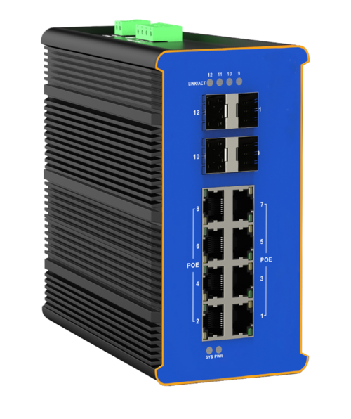 Switch  Industrial Profesional POE Gestionable L2+ de 8 puertos +4 SFP. 90W por canal